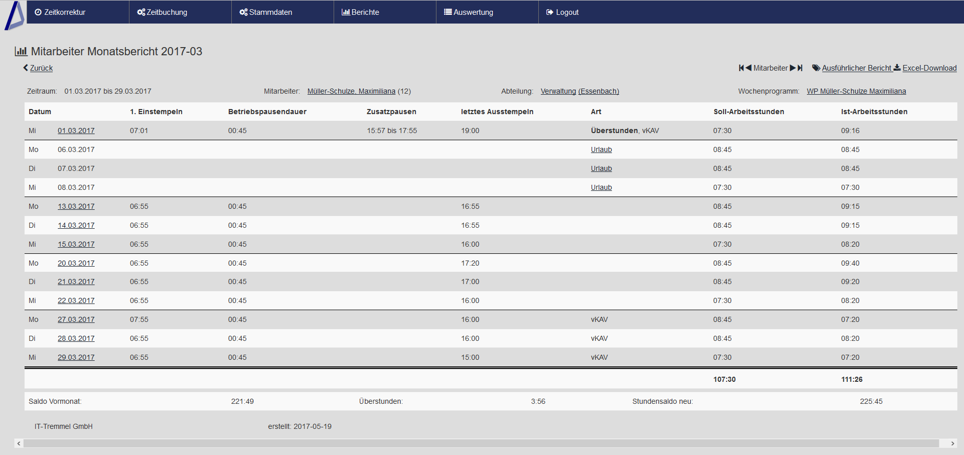 Mobile Monatsauswertung mit Summen und exportfähigen Arbeitszeiten.